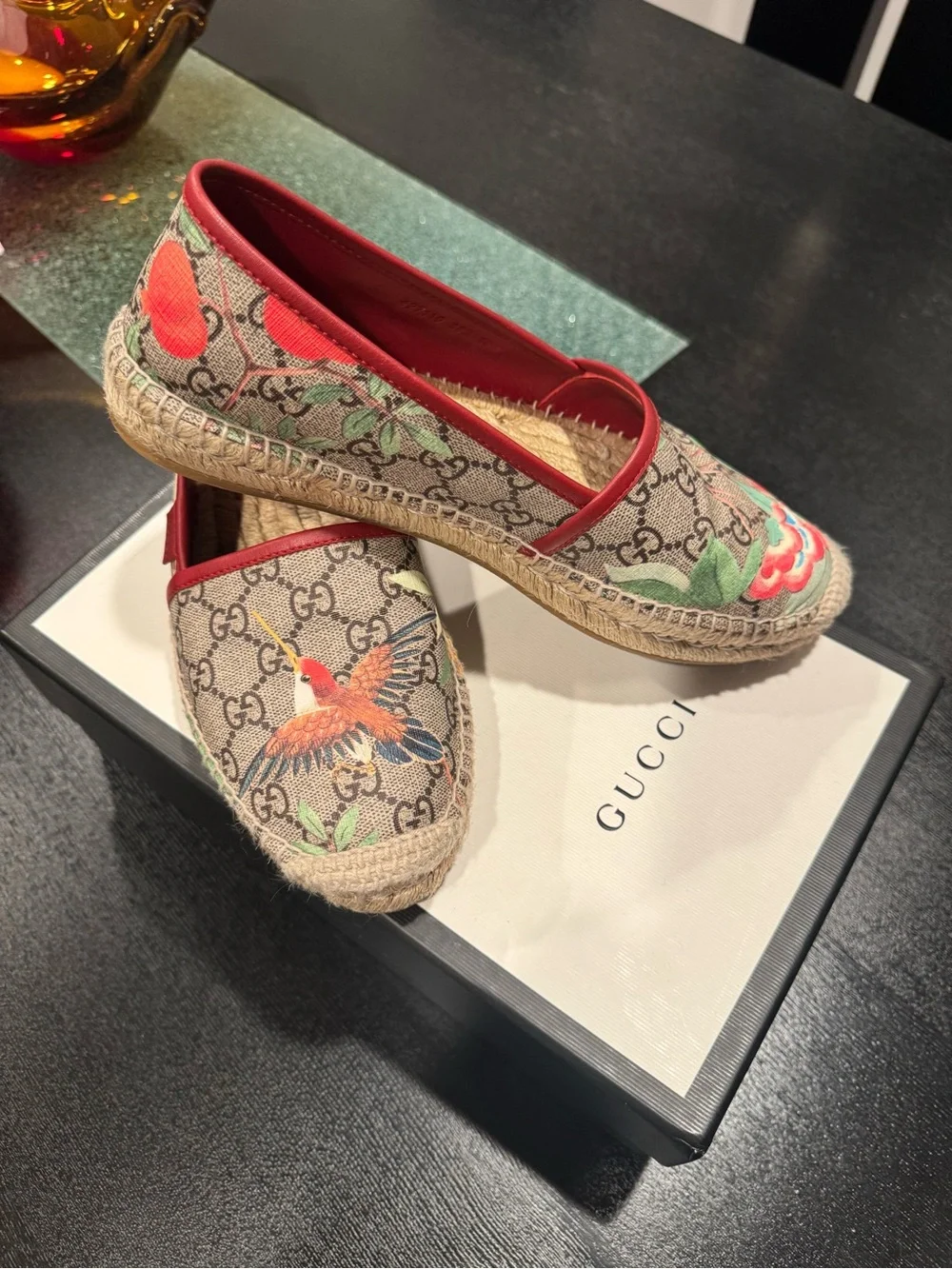 Gucci Floral & Bird Monogram Espadrilles with Red Trim